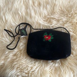 Mitzi Black Suede With Red Flower Crossbody Cocktail Purse